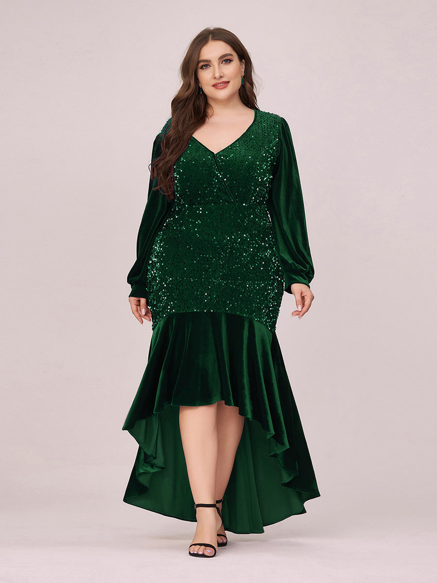 Elegant V Neck High-Low Plus Size Sequin & Velvet Party Dress