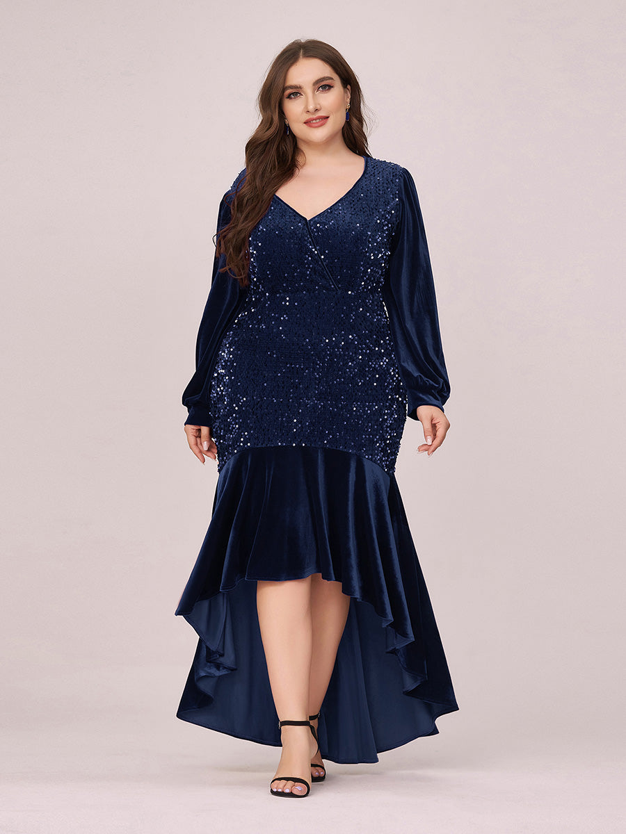 Elegant V Neck High-Low Plus Size Sequin & Velvet Party Dress