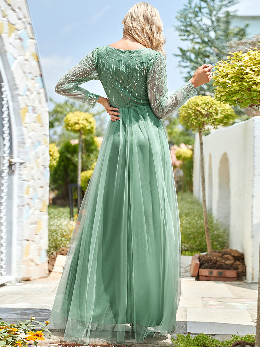 Sexy Deep V Neck Wholesale Sequin & Tulle Maxi Long Evening Dress