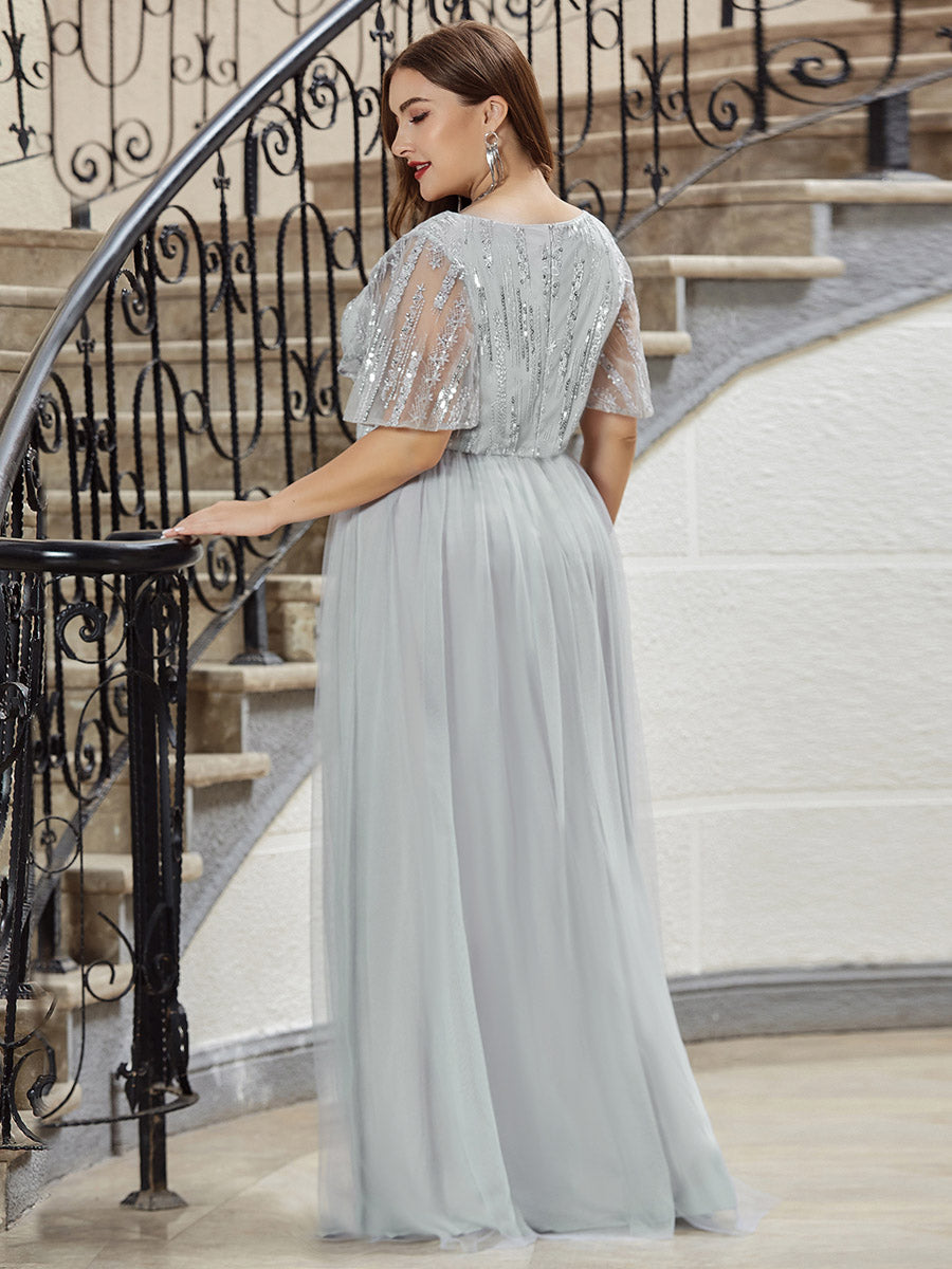 Elegant V Neck Short Sleeve A-Line Tulle Wholesale Evening Dresses