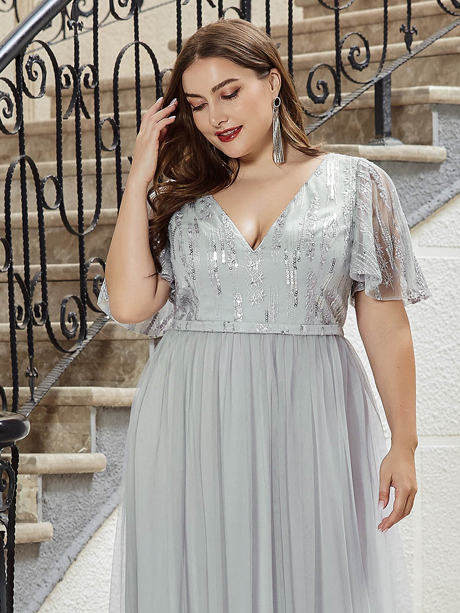 Elegant V Neck Short Sleeve A-Line Tulle Wholesale Evening Dresses