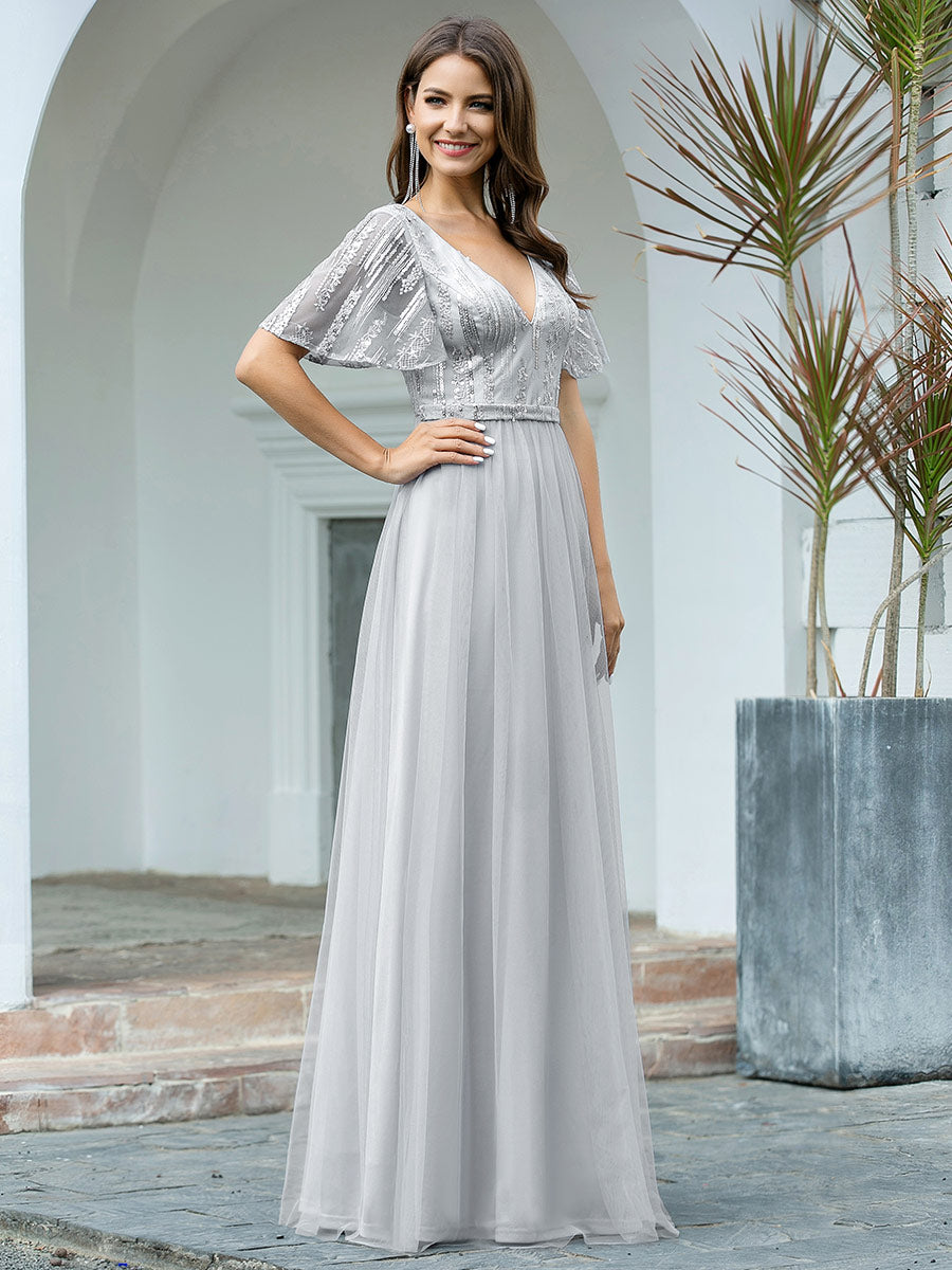Elegant V Neck Short Sleeve A-Line Tulle Wholesale Evening Dresses