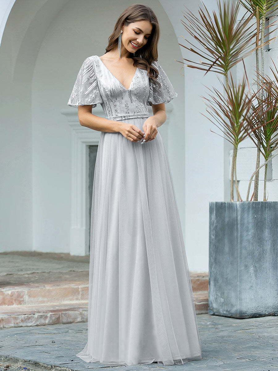 Elegant V Neck Short Sleeve A-Line Tulle Wholesale Evening Dresses