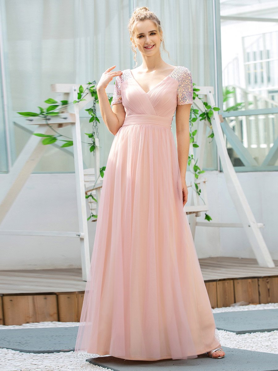 Sweet V Neck A-Line Tulle Wholesale Bridesmaid Dress with Sequin
