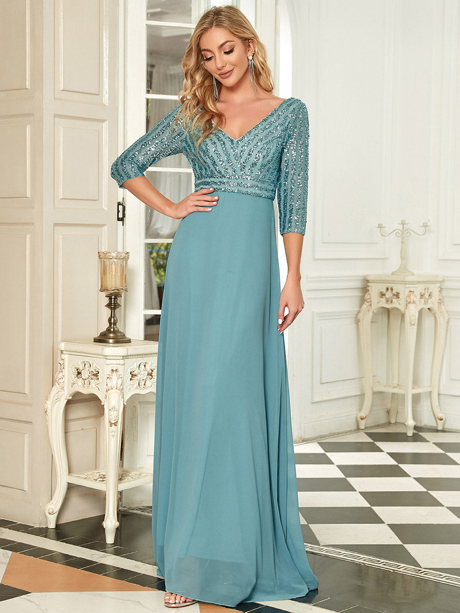 Sexy V Neck A-Line Sequin Wholesale Evening Dresses With 3/4 Sleeve