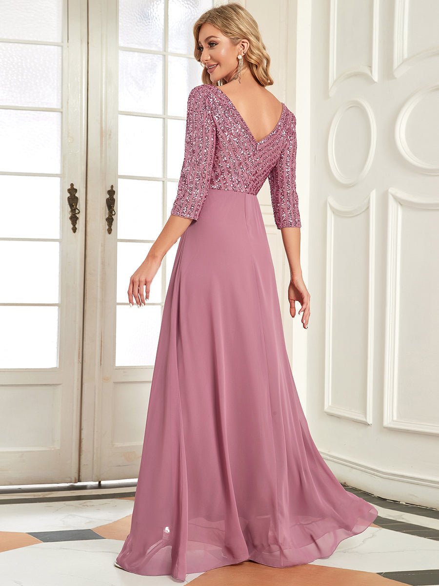 Sexy V Neck A-Line Sequin Wholesale Evening Dresses With 3/4 Sleeve