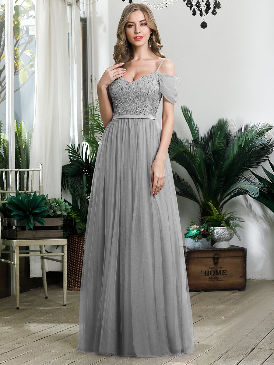 A-Line Sweetheart Neckline Ruffle Sleeve Tulle Wholesale Bridesmaid Dress