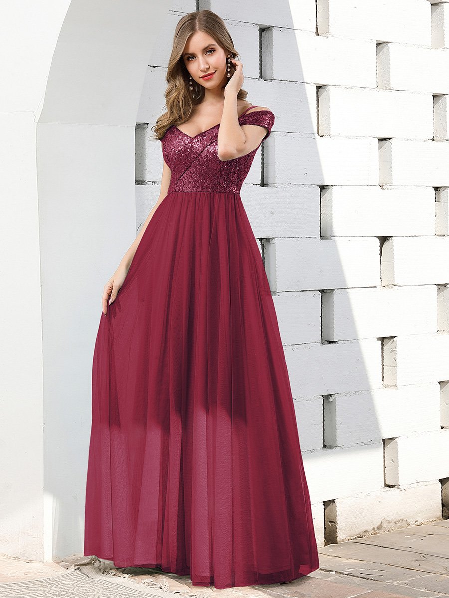 Wholesale Romantic Off Shoulder Tulle and Sequin Bridesmaid Dress