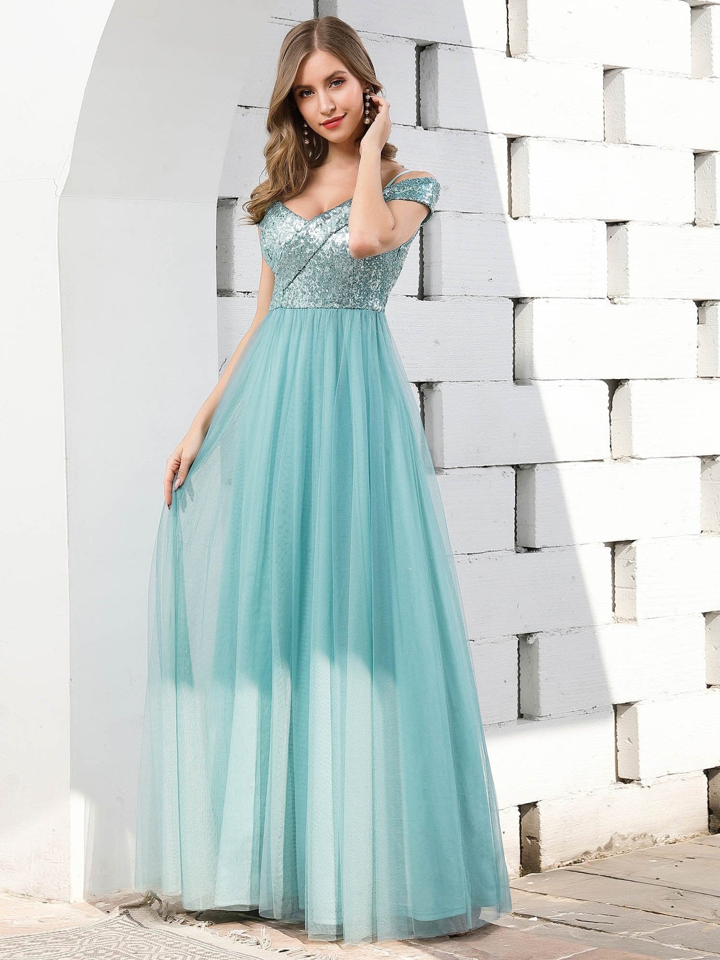 Wholesale Romantic Off Shoulder Tulle and Sequin Bridesmaid Dress