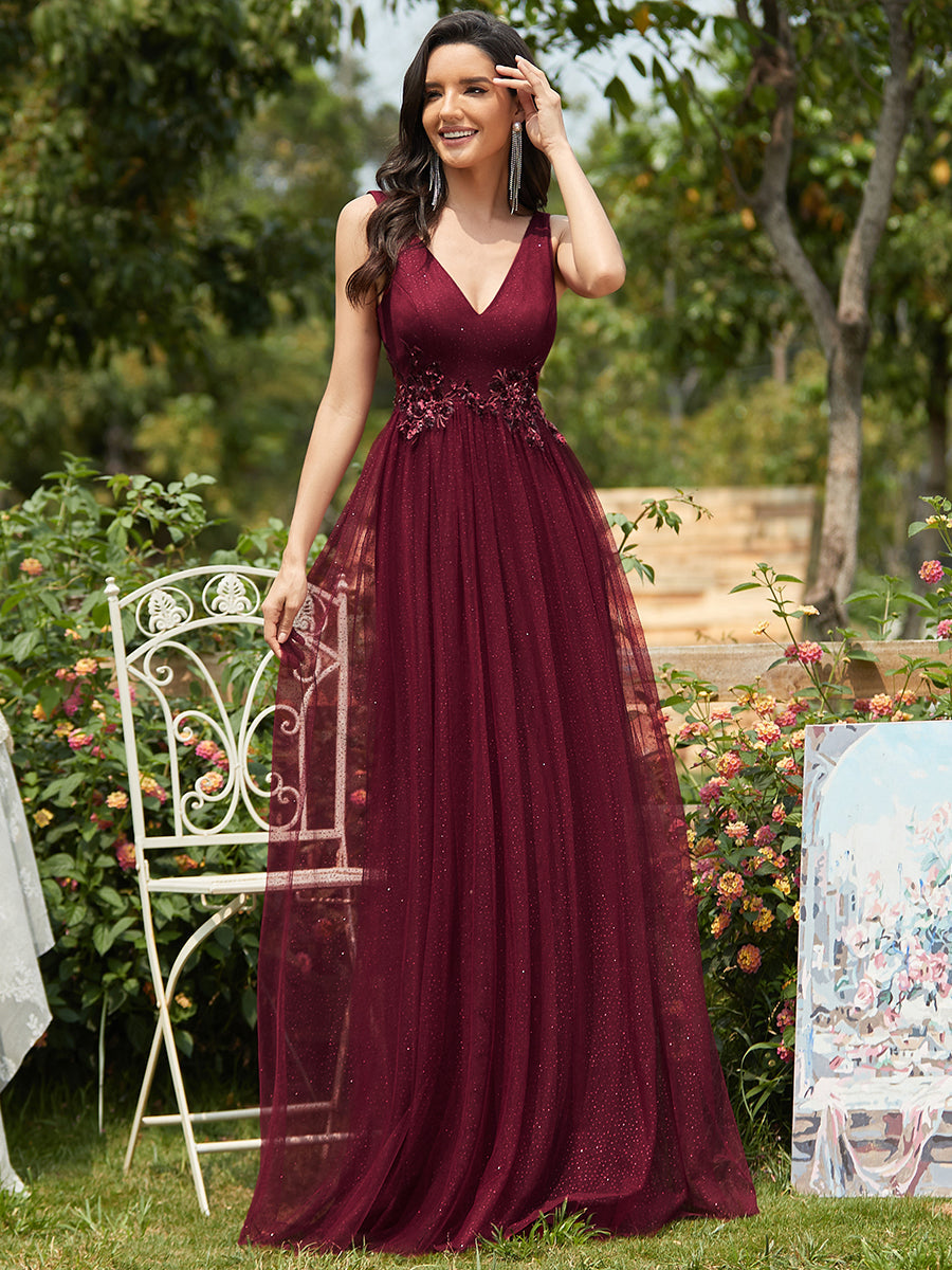 Elegant Deep Double V Neck Tulle Evening Dress with Appliques
