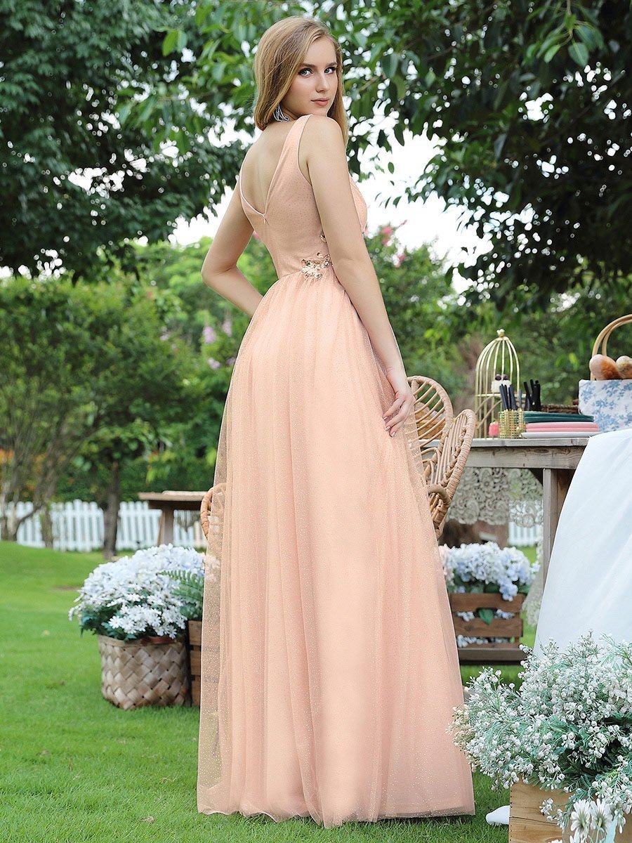 Elegant Deep Double V Neck Tulle Evening Dress with Appliques