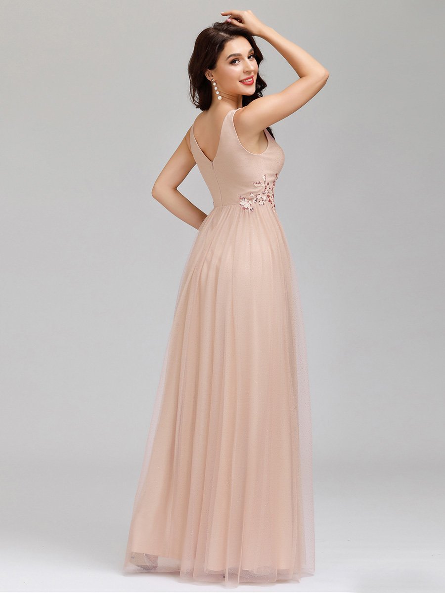 Elegant Deep Double V Neck Tulle Evening Dress with Appliques