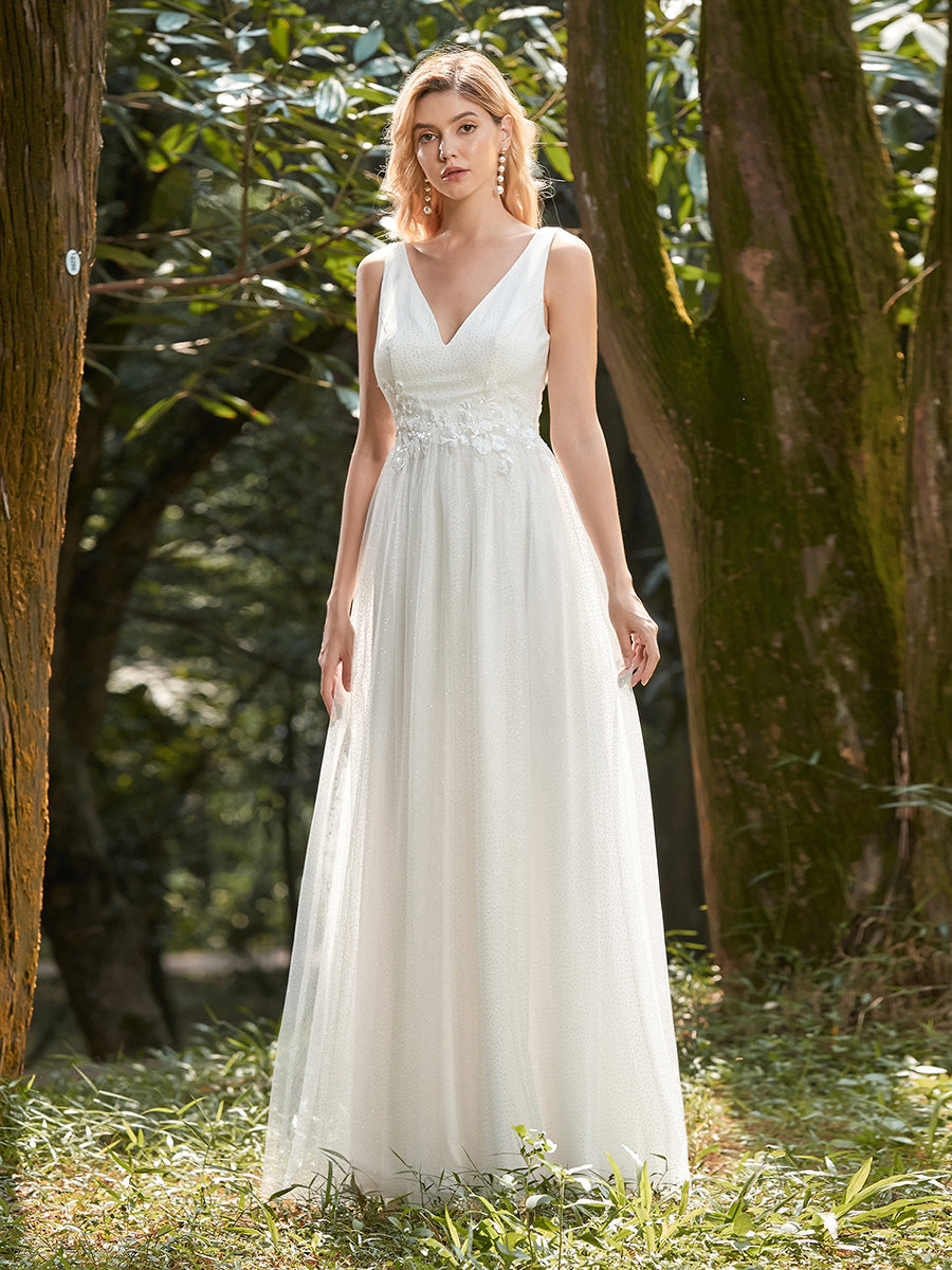 Elegant Deep Double V Neck Tulle Evening Dress with Appliques