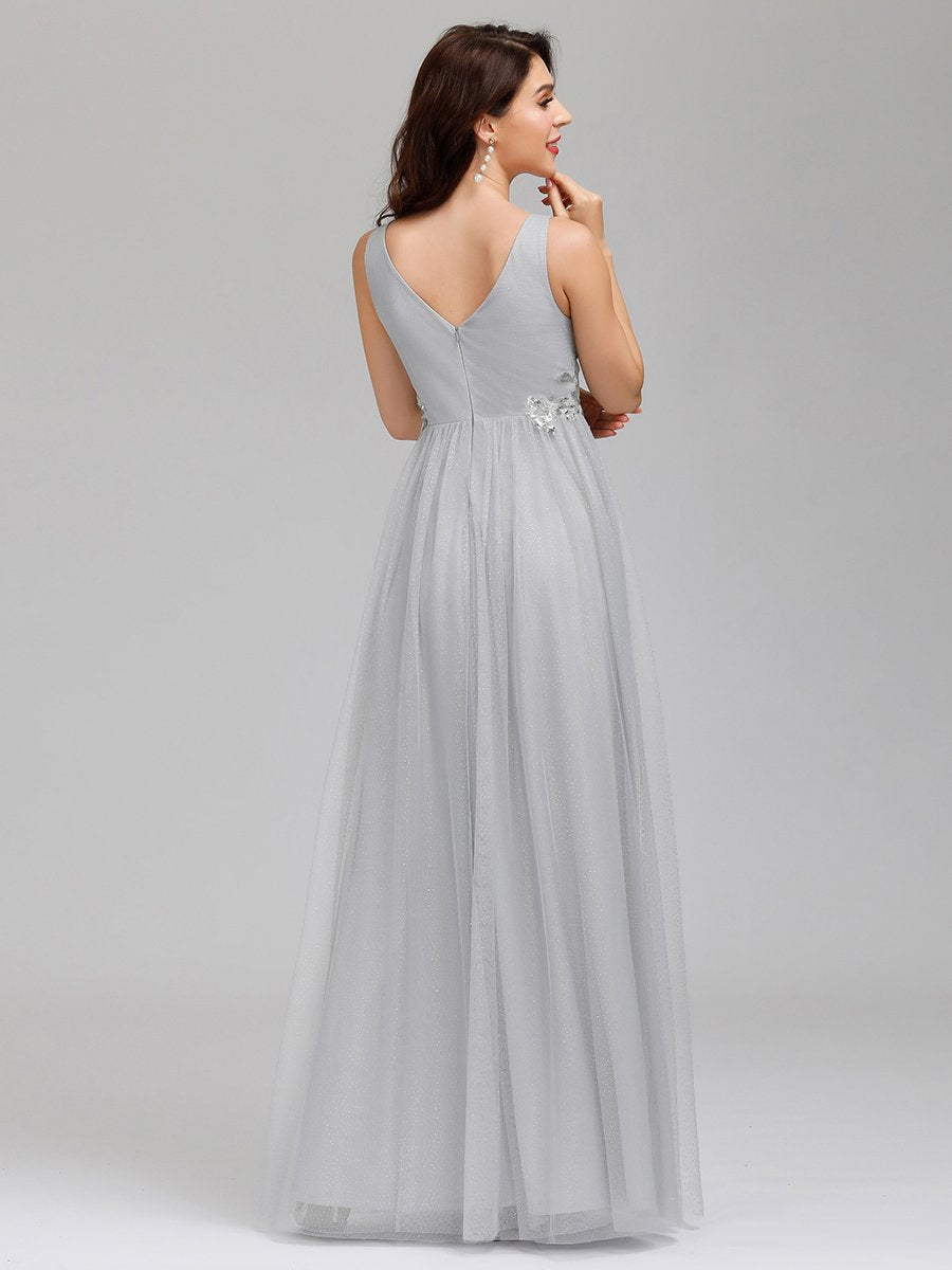 Elegant Deep Double V Neck Tulle Evening Dress with Appliques