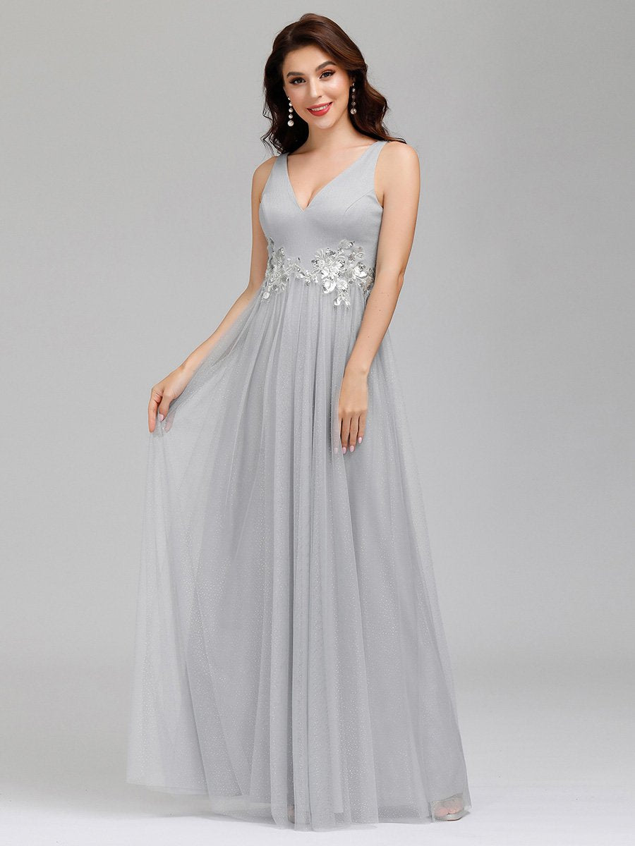Elegant Deep Double V Neck Tulle Evening Dress with Appliques