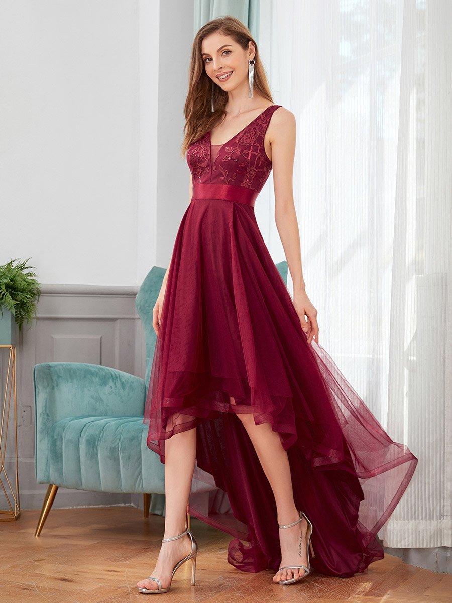 High-Low V Neck Tulle Wholesale Prom Dresses with Sequin Appliques