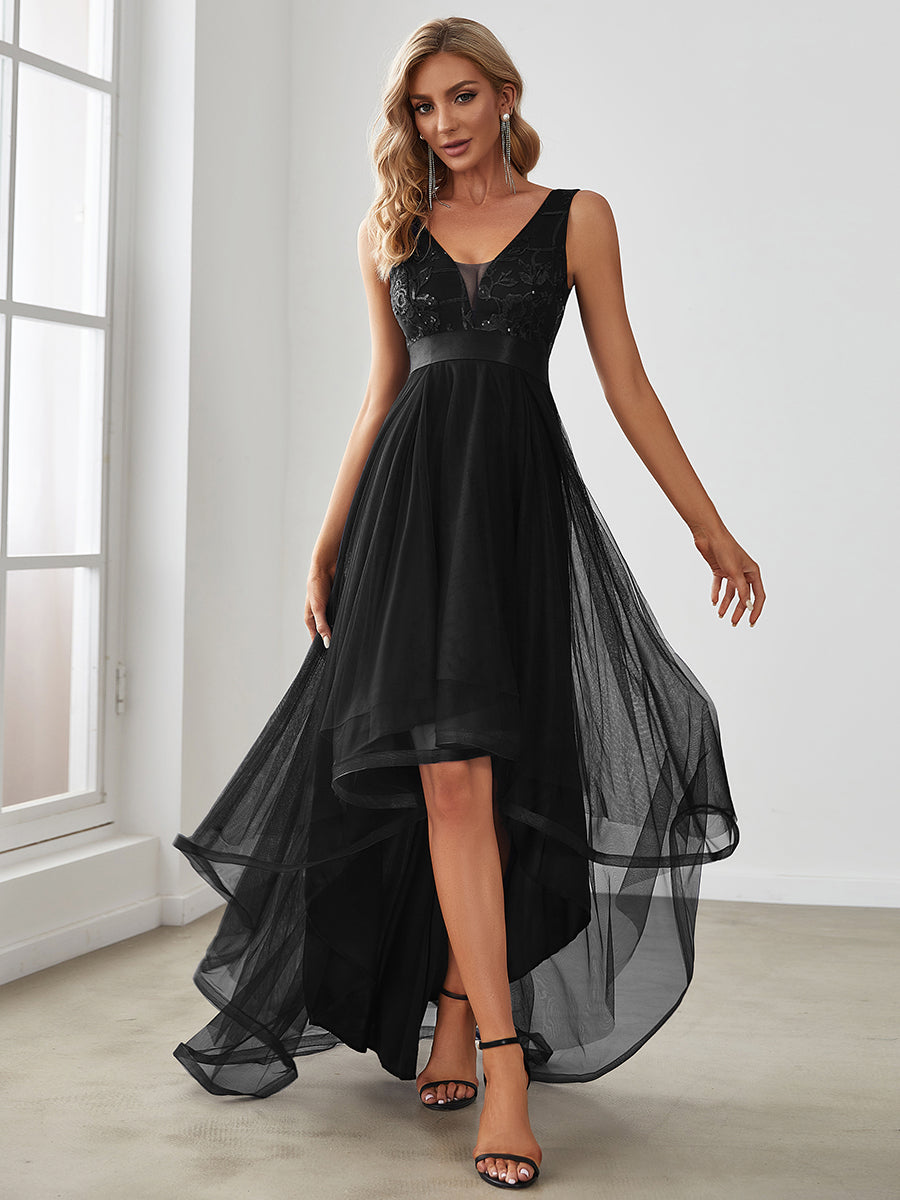 Color=Black | High-Low V Neck Tulle Wholesale Prom Dresses with Sequin Appliques-Black 1