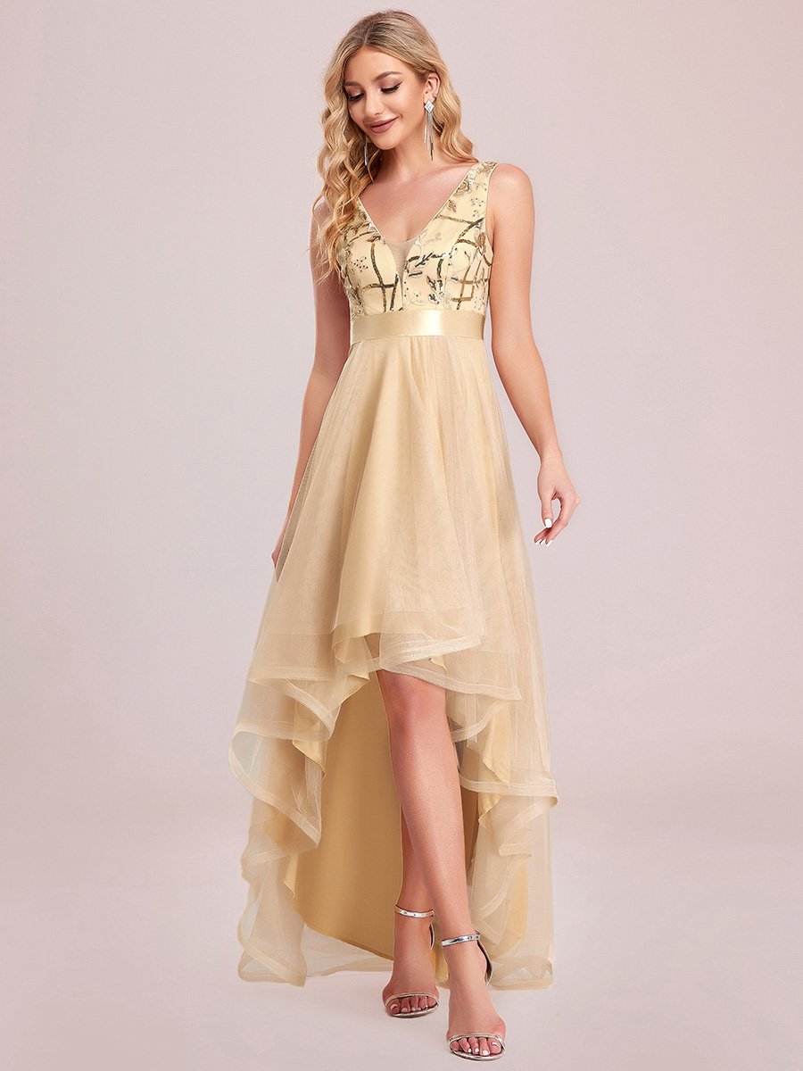 High-Low V Neck Tulle Wholesale Prom Dresses with Sequin Appliques