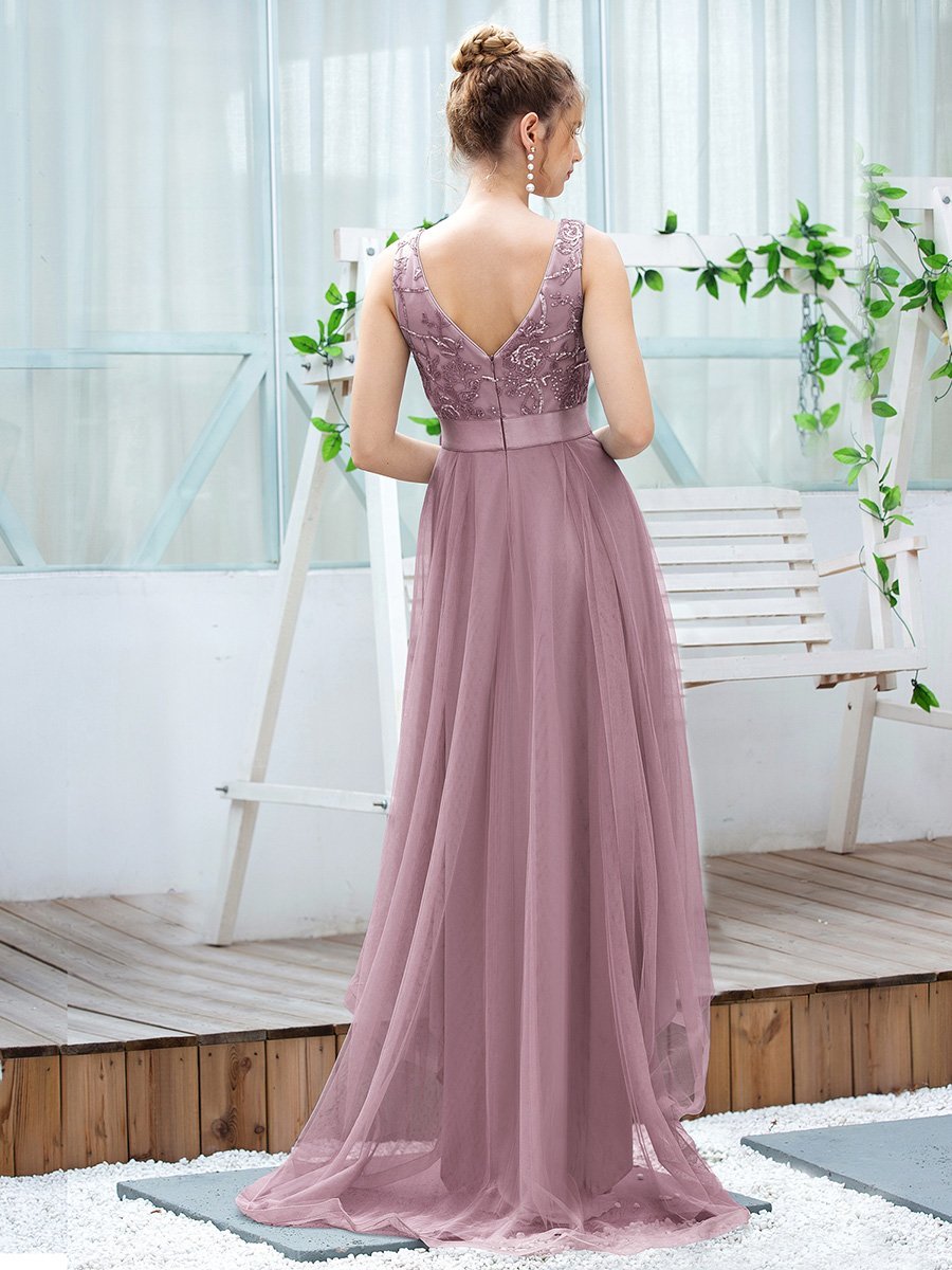 High-Low V Neck Tulle Wholesale Prom Dresses with Sequin Appliques