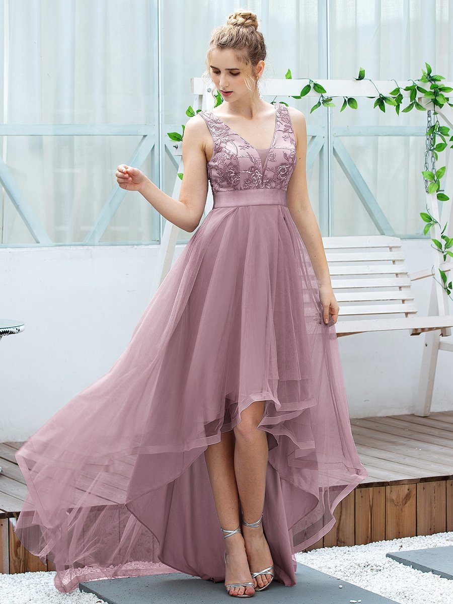 Color=Orchid | High-Low V Neck Tulle Wholesale Prom Dresses with Sequin Appliques-Orchid 1