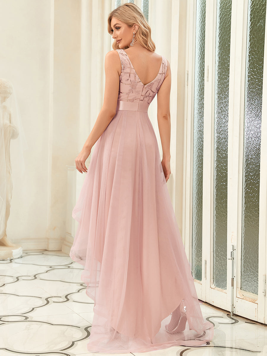 High-Low V Neck Tulle Wholesale Prom Dresses with Sequin Appliques