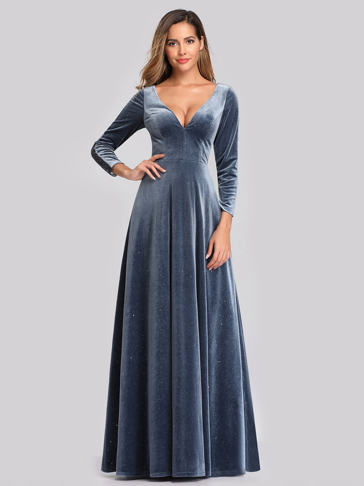 Color=Dusty Navy | Women'S V-Neck Long Sleeve Velvet Long Evening Dresses Ep00870-Dusty Navy 11