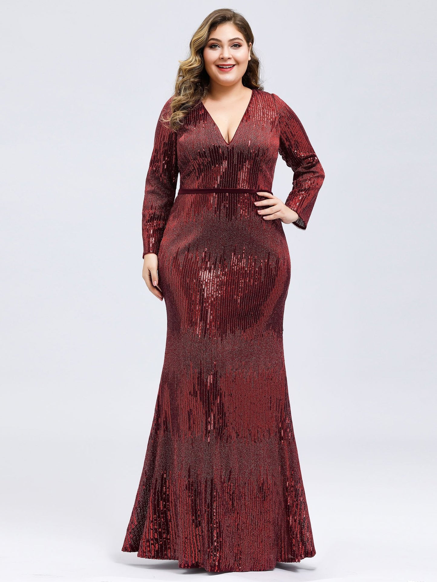 Women's Deep V-Neck Sequin Wholesale Evening Dress with Long Sleeve