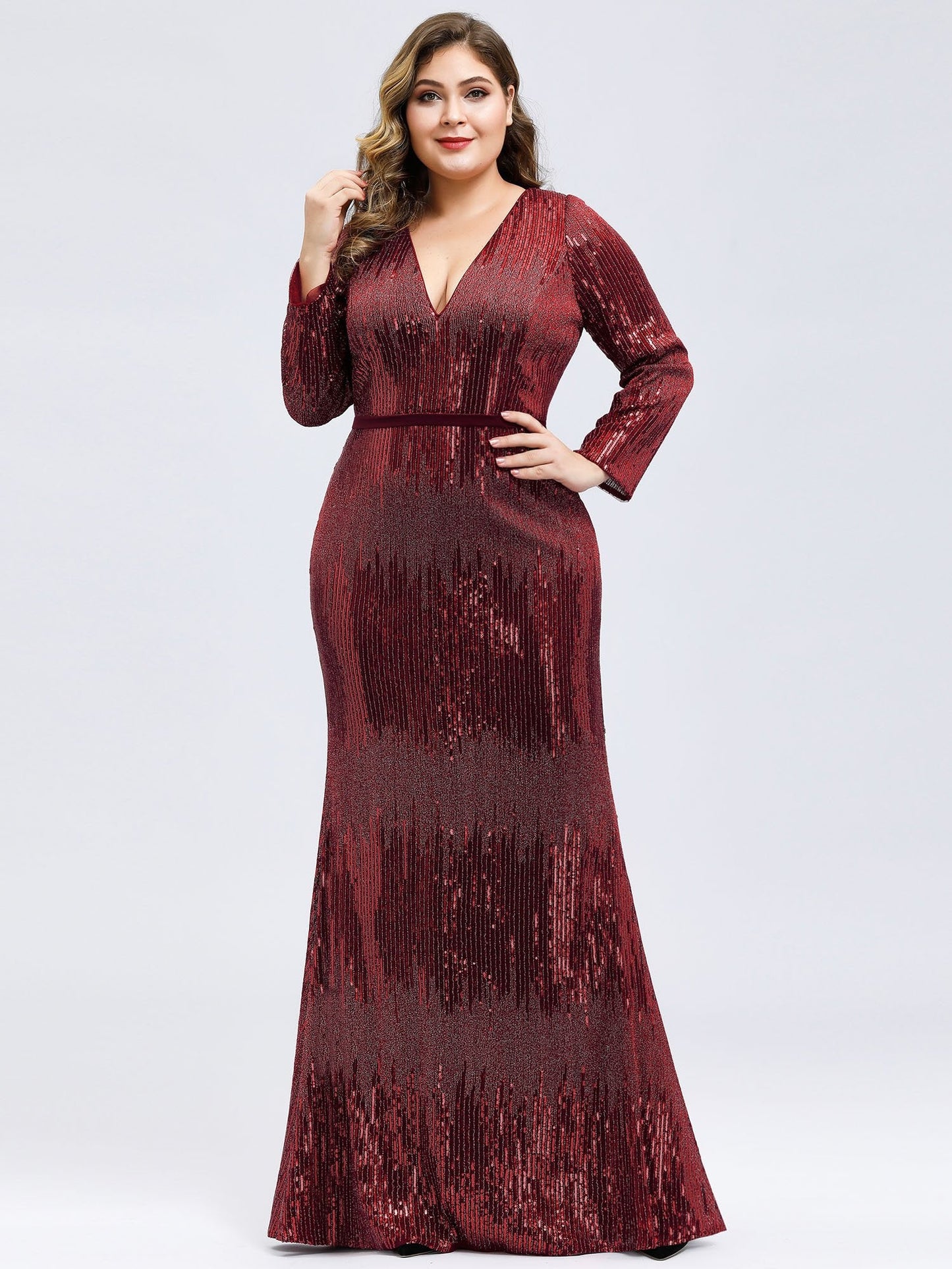 Color=Burgundy | Women'S V-Neck Long Sleeve Sequin Dresses Ep00872-Burgundy 12