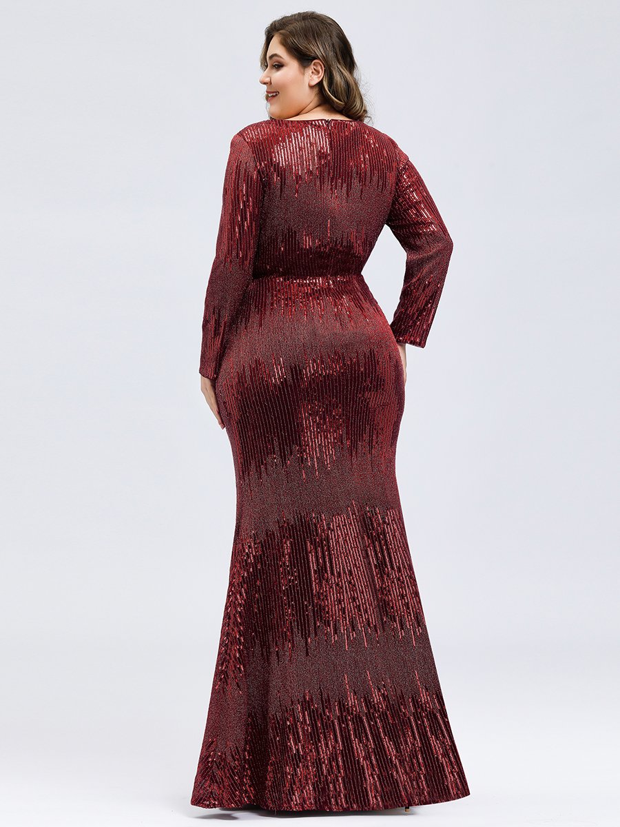 Women's Deep V-Neck Sequin Wholesale Evening Dress with Long Sleeve
