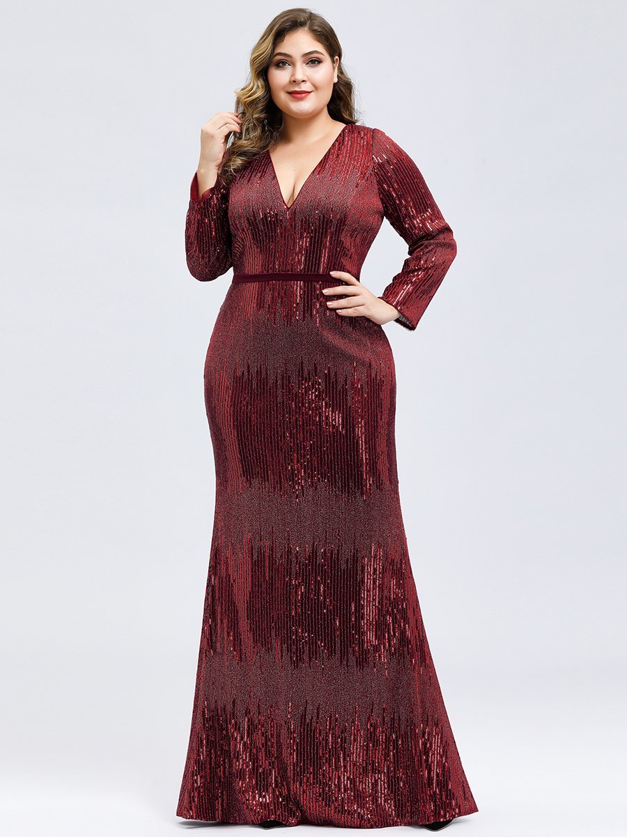 Women's Deep V-Neck Sequin Wholesale Evening Dress with Long Sleeve