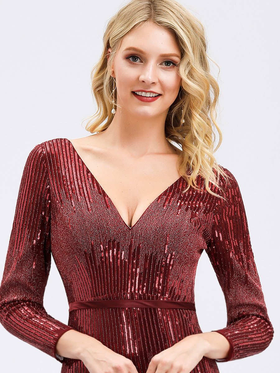 Women's Deep V-Neck Sequin Wholesale Evening Dress with Long Sleeve