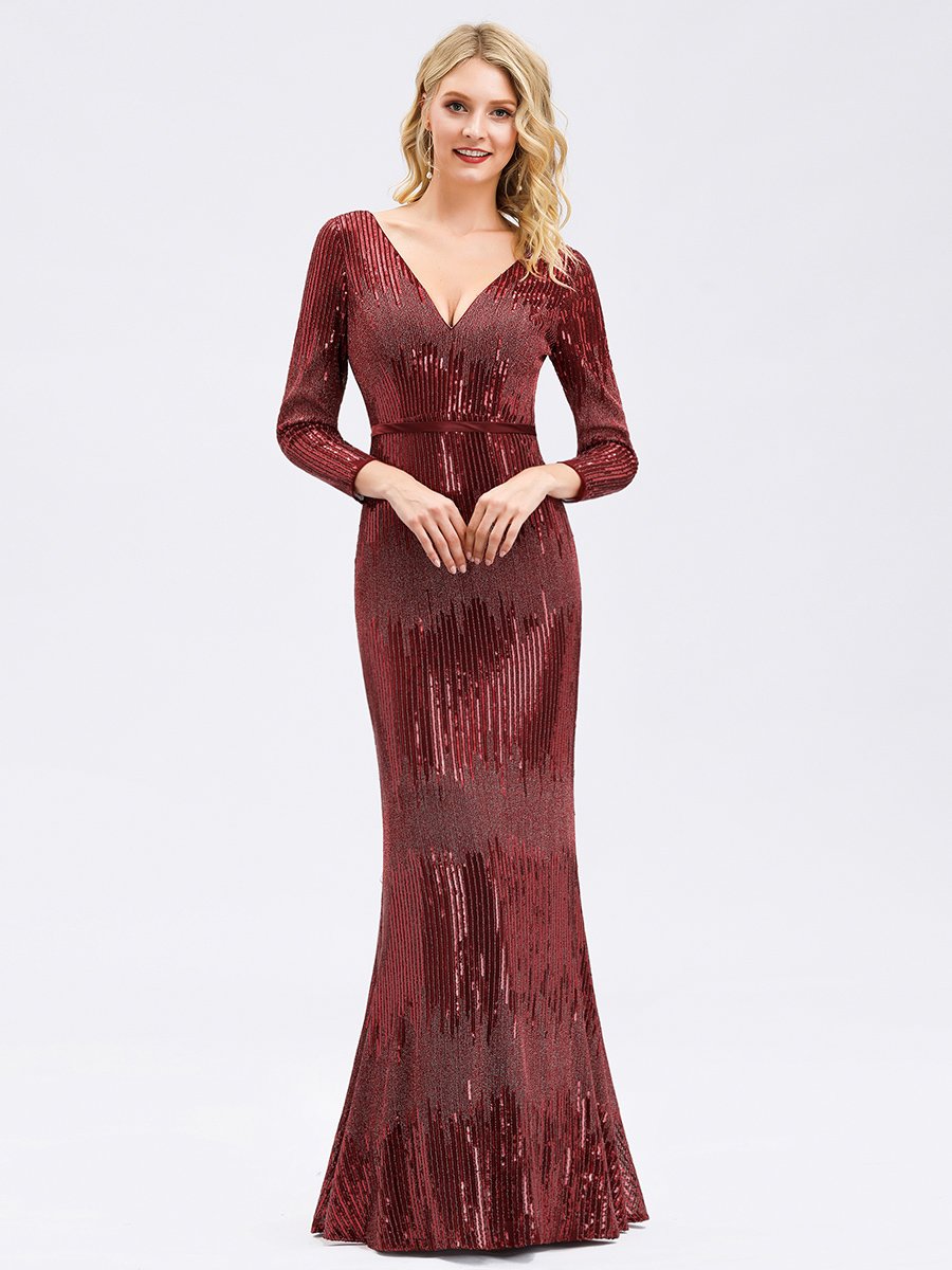 Women's Deep V-Neck Sequin Wholesale Evening Dress with Long Sleeve