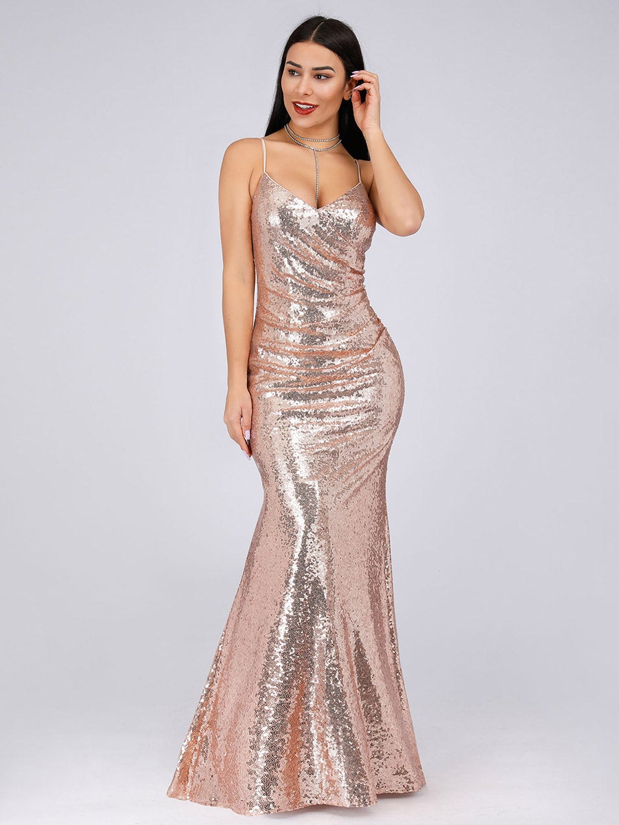 Color=Rose Gold | Women'S Fashion Sequins Floor Length Spaghetti Straps Evening Dresses Ep07339-Rose Gold 1
