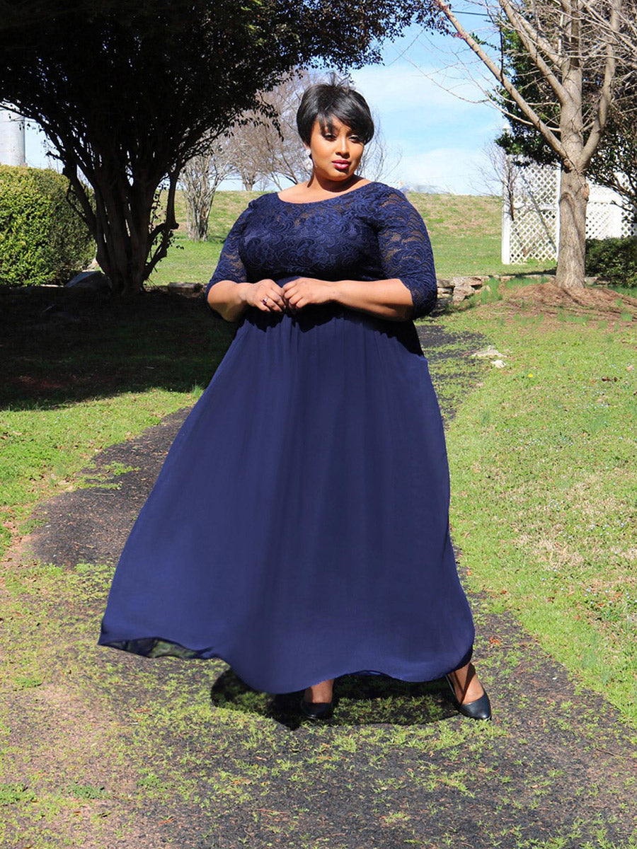 Color=Navy Blue | Plus Size Lace Wholesale Bridesmaid Dresses With Long Lace Sleeve-Navy Blue 1