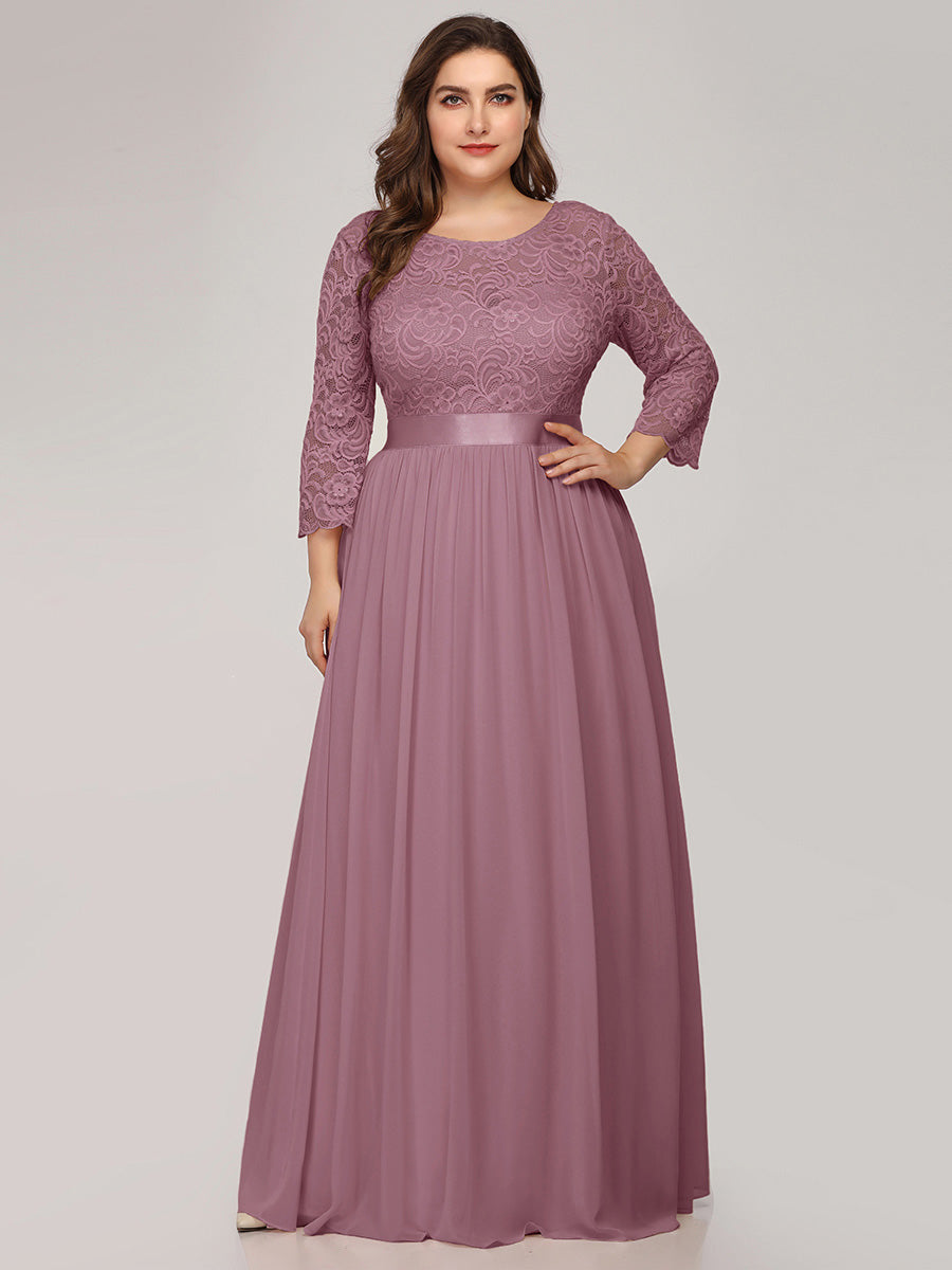 Color=Orchid | Plus Size Lace Wholesale Bridesmaid Dresses With Long Lace Sleeve-Orchid 1