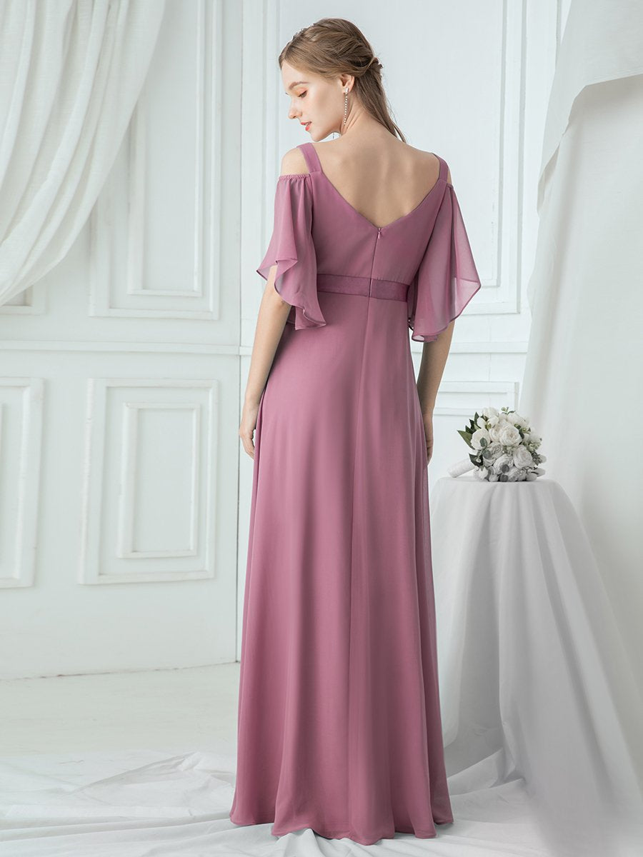 Cold Shoulder Chiffon Wholesale Bridesmaid Dress with Ruffle Sleeves
