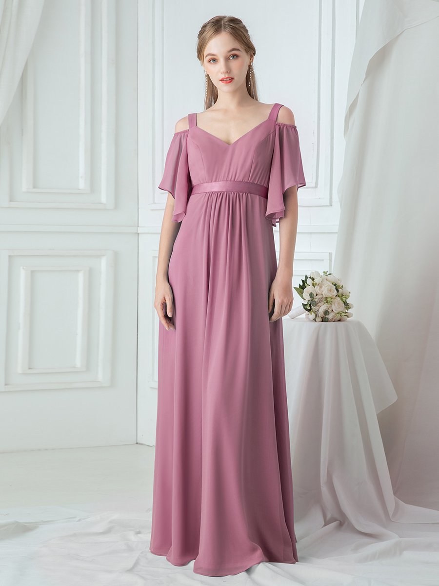 Cold Shoulder Chiffon Wholesale Bridesmaid Dress with Ruffle Sleeves