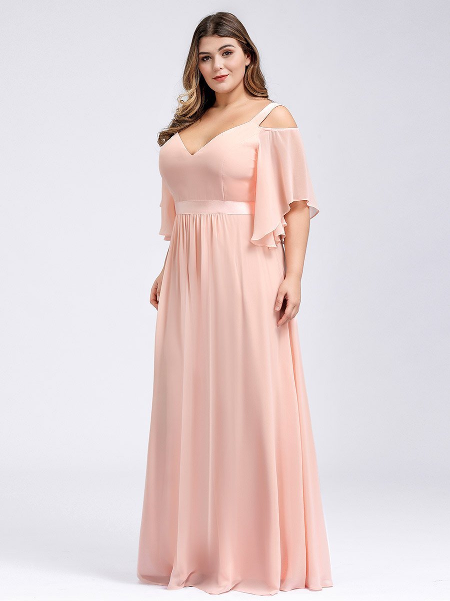 Cold Shoulder Chiffon Wholesale Bridesmaid Dress with Ruffle Sleeves