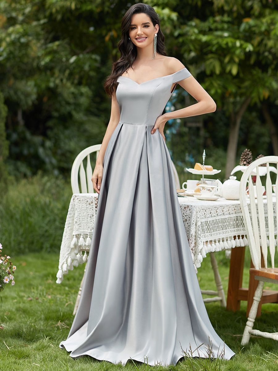 COLOR=Grey | Women'S A-Line V-Neck Off Shoulder Evening Dress-Grey 1