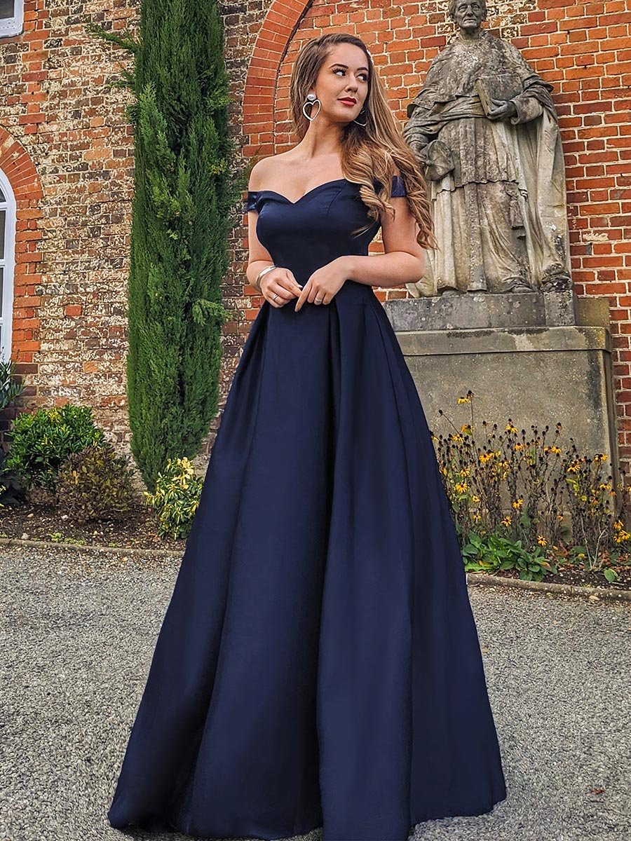 COLOR=Navy Blue | Women'S A-Line V-Neck Off Shoulder Evening Dress-Navy Blue 1