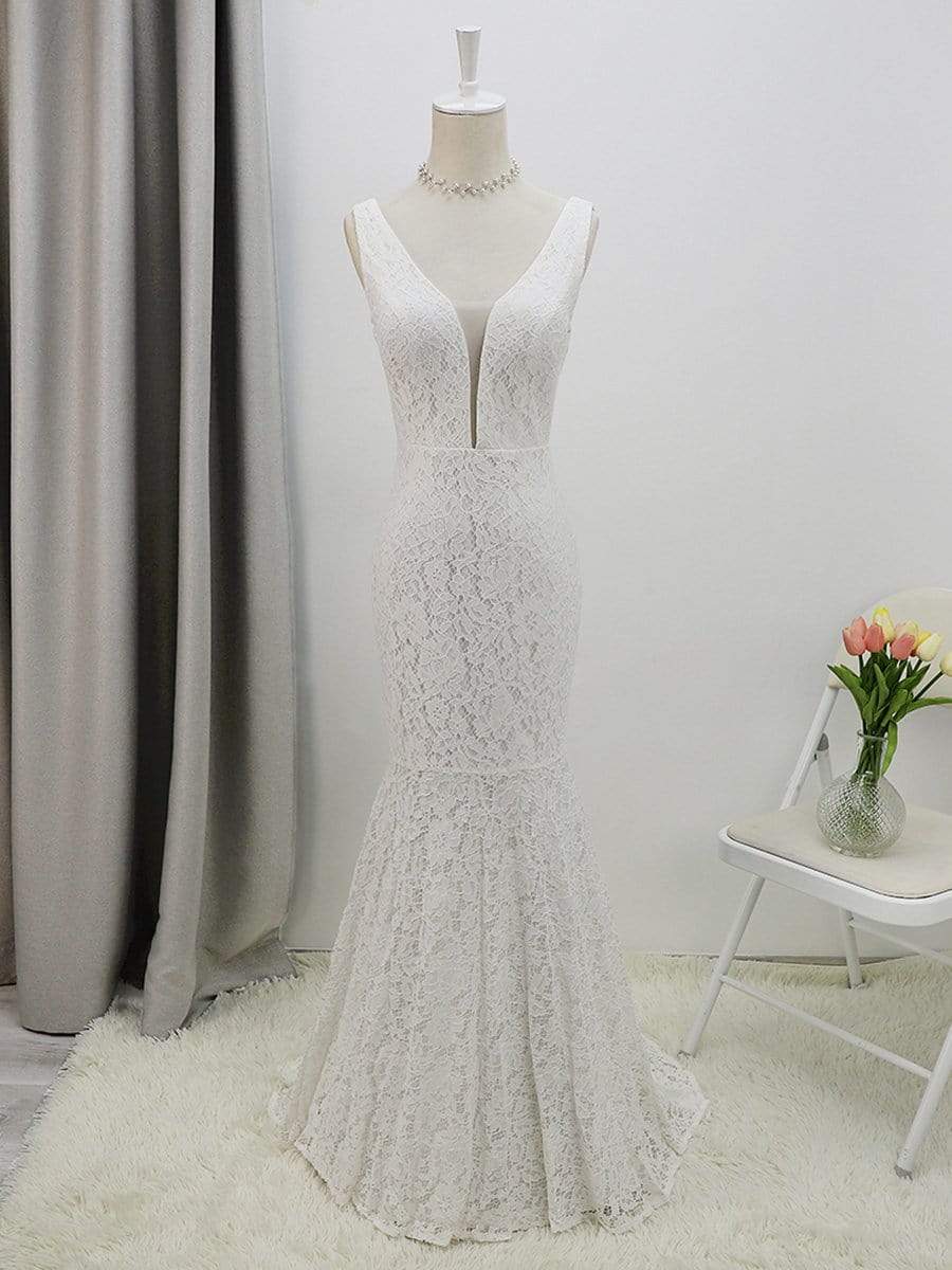 Dainty Deep V Neck Sleeveless Wholesale Lace Wedding Dress