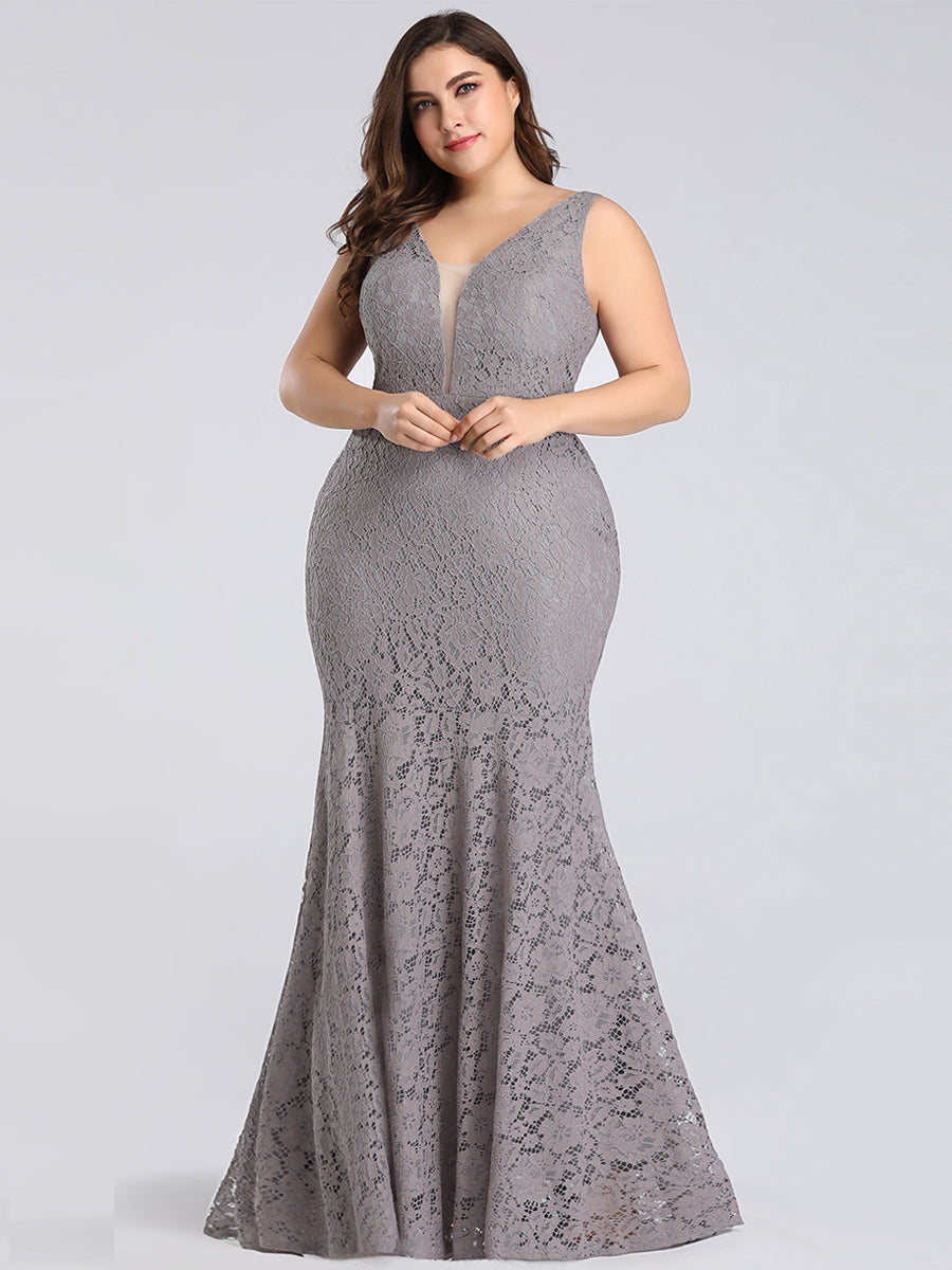 Sexy V-neck Fitted Lace Mermaid Wholesale Plus Size Evening Dress