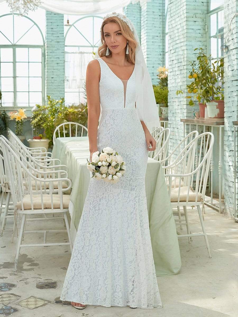 Dainty Deep V Neck Sleeveless Wholesale Lace Wedding Dress