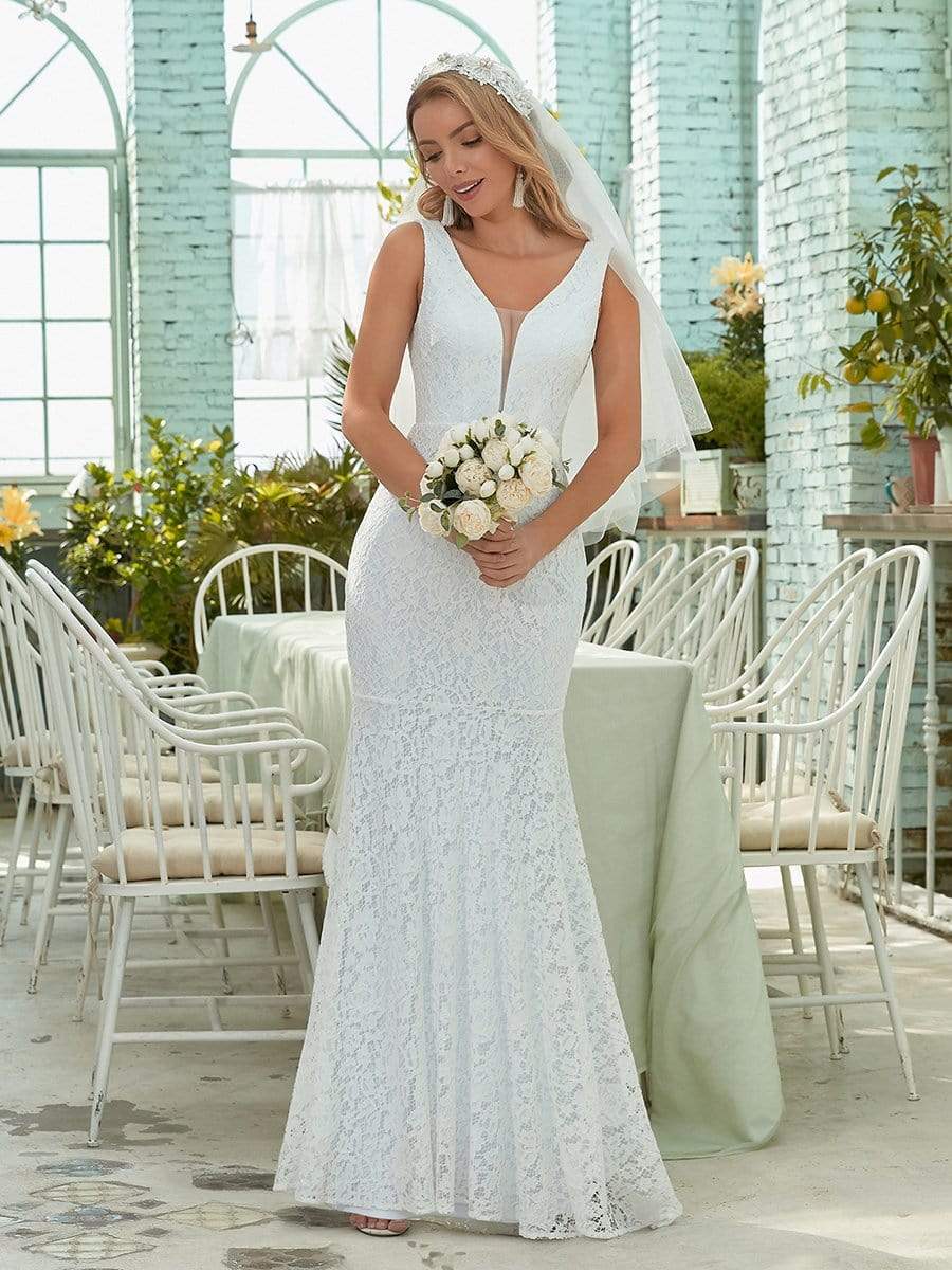 Dainty Deep V Neck Sleeveless Wholesale Lace Wedding Dress