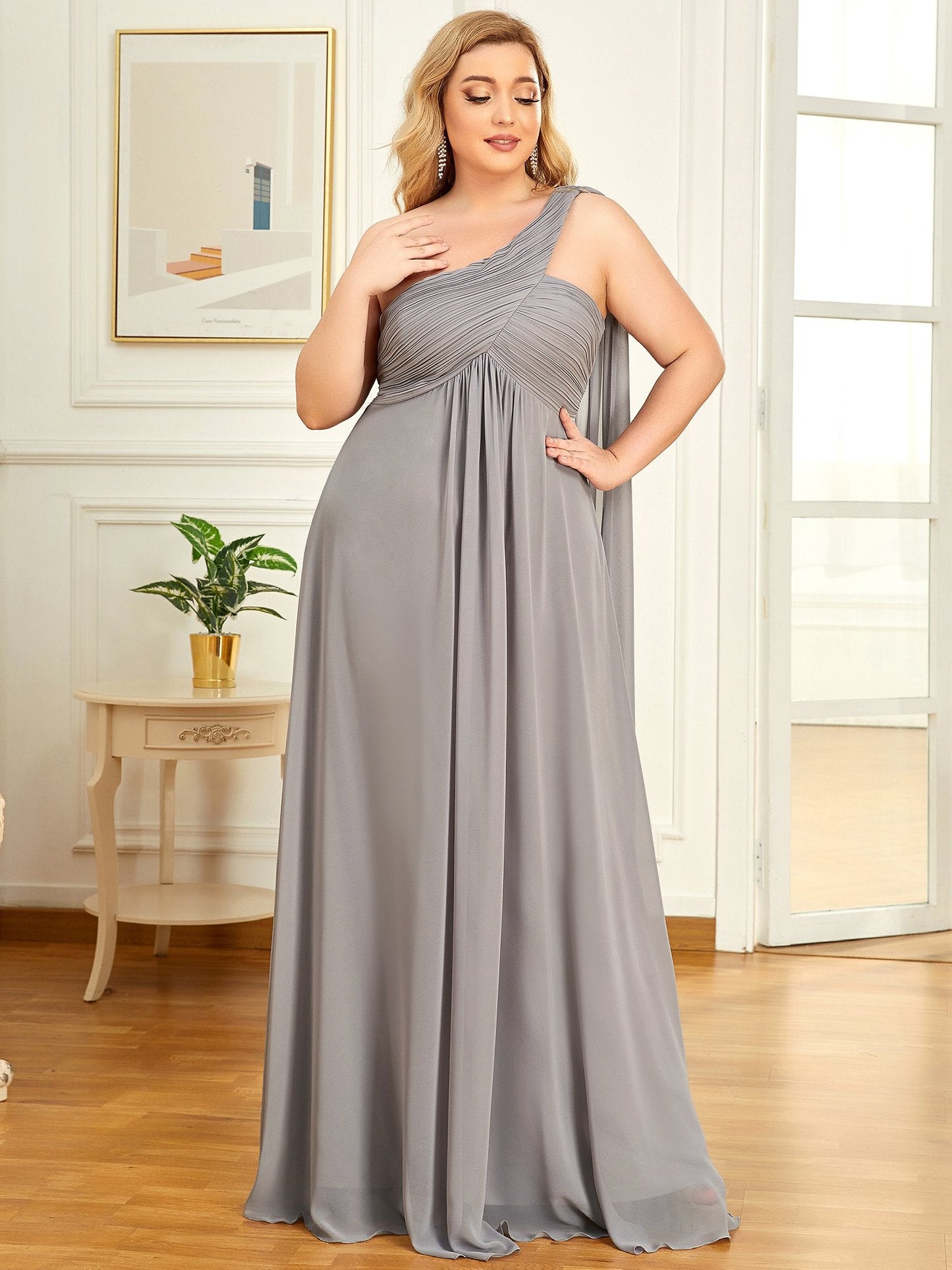 One Shoulder Chiffon Ruffles Plus Size Long Evening Dresses
