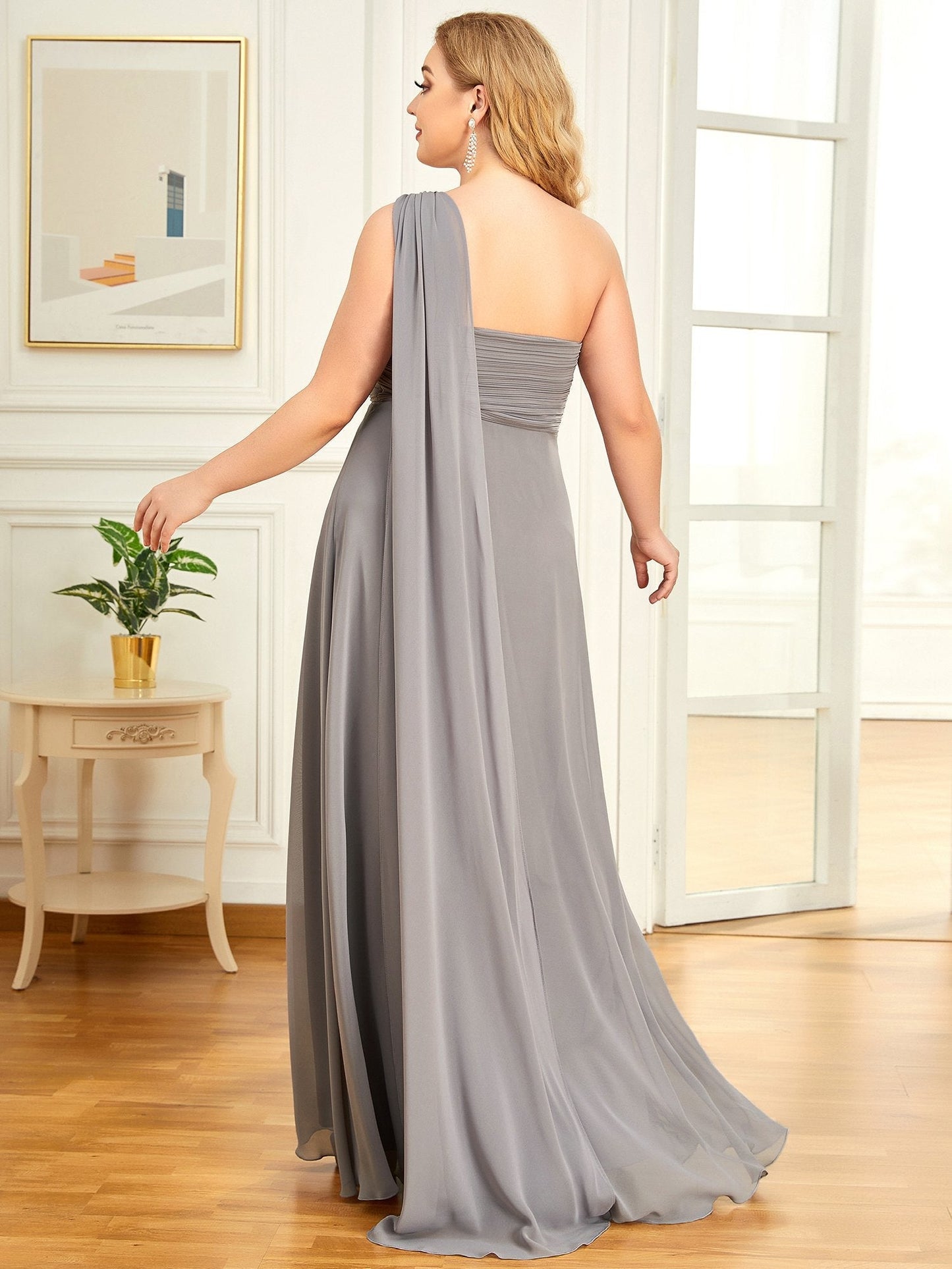 One Shoulder Chiffon Ruffles Plus Size Long Evening Dresses