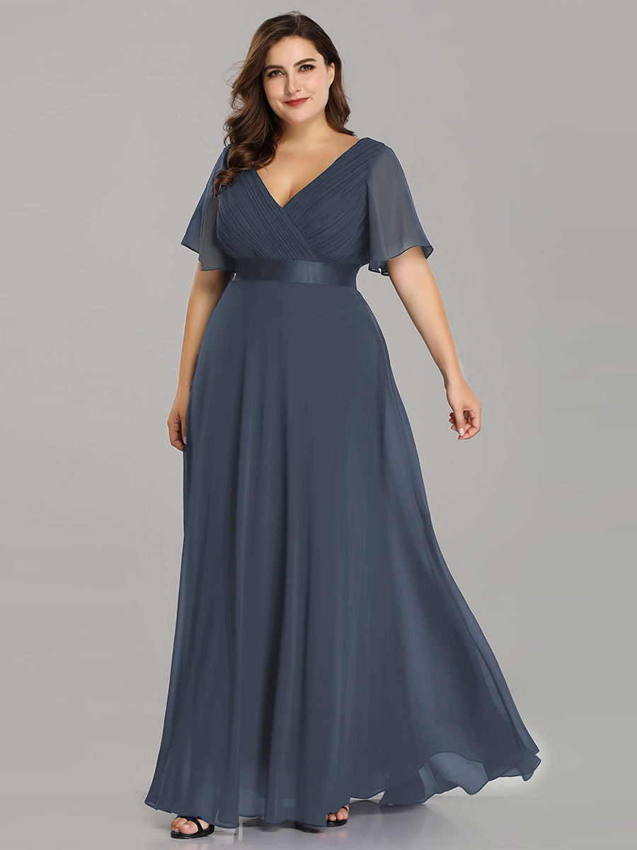 Color=Dusty Navy | Glamorous Double V-Neck Ruffles Padded Plus Size Evening Dresses-Dusty Navy 1