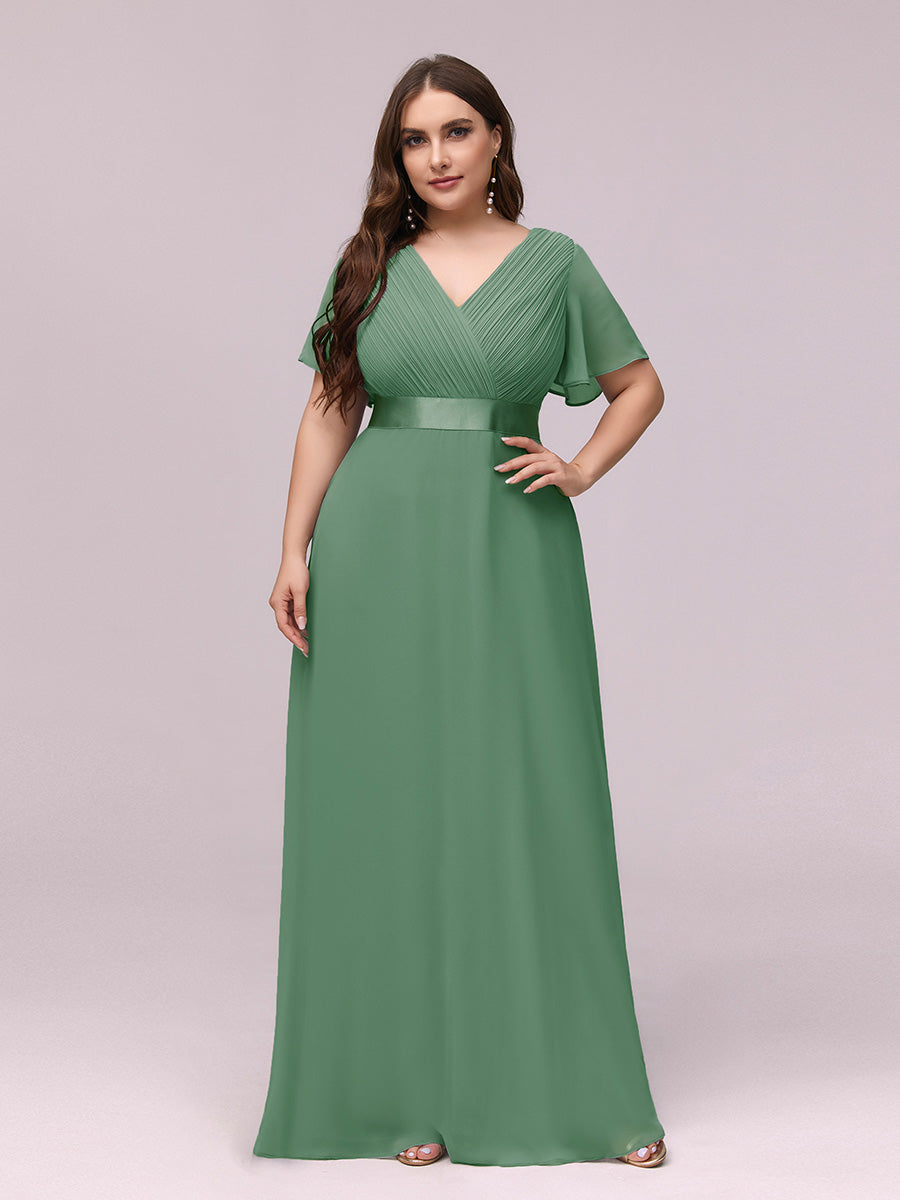 COLOR=Green Bean | Long Empire Waist Evening Dress With Short Flutter Sleeves-Green Bean 1