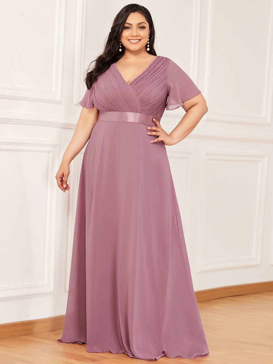Color=Orchid | Glamorous Double V-Neck Ruffles Padded Plus Size Evening Dresses-Orchid 1