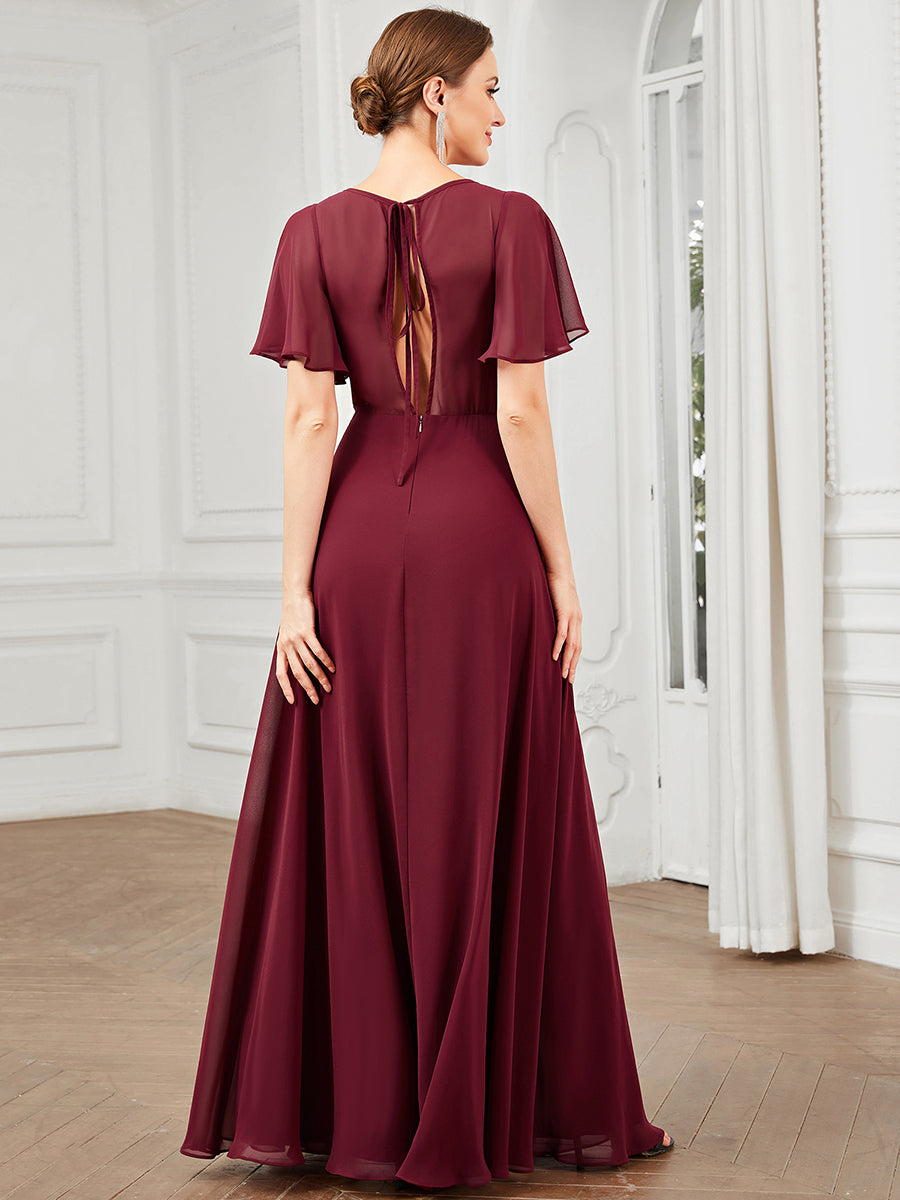 Deep V Neck A Line Short Ruffles Sleeves Wholesale Bridesmaid Dresses